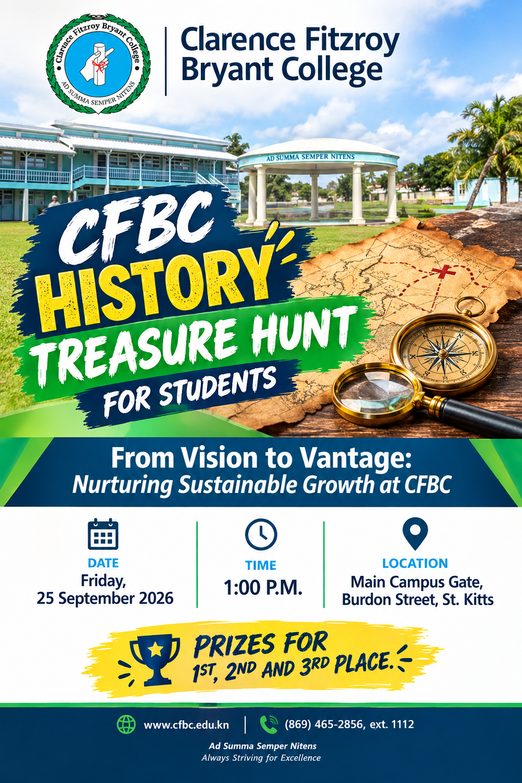 CFBC History Treasure Hunt for students, Friday 25 September 2026 at 1 p.m., Main Campus Gate, Burdon Street, St. Kitts.